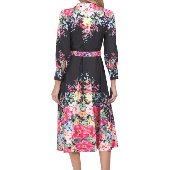 Dalia MacPhee Dress Large Black Pink Floral Button-Front Long Sleeve midi Size S - Picture 3 of 14